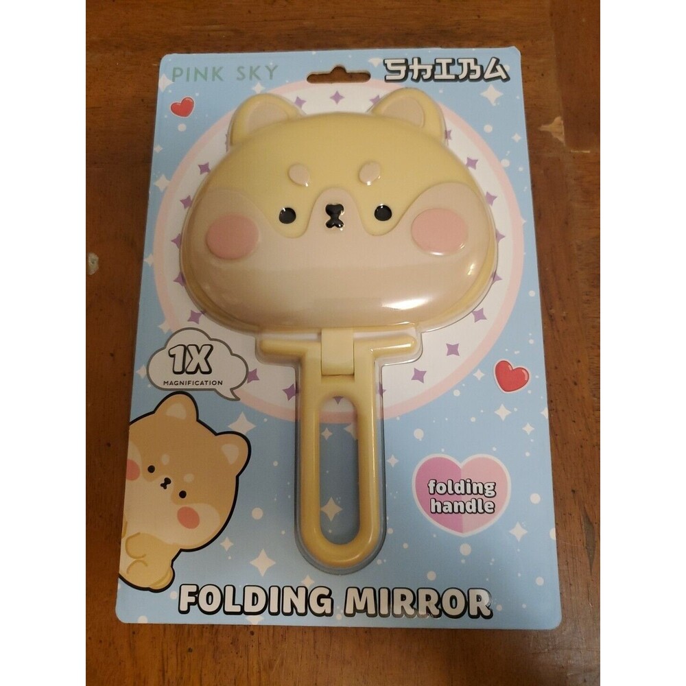 Pink Sky Portable Folding Handle Mirror, Kawaii  Shiba , 1X Magnification
